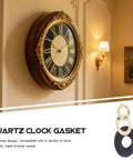 Elegant wall clock with Roman numerals and gold details, showcasing quartz clock gasket, ideal for repair using Quartz Clock Washer Kit