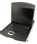 Professional Grade 19 Inch Rackmount Kvm Console Featuring 8 Port Switch Integrated VGA TFT Display, USB Keyboard, Touchpad in open position.