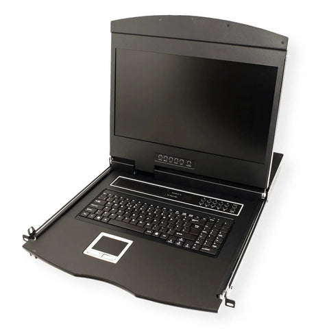 Professional Grade 19 Inch Rackmount Kvm Console Featuring 8 Port Switch Integrated VGA TFT Display, USB Keyboard, Touchpad in open position.