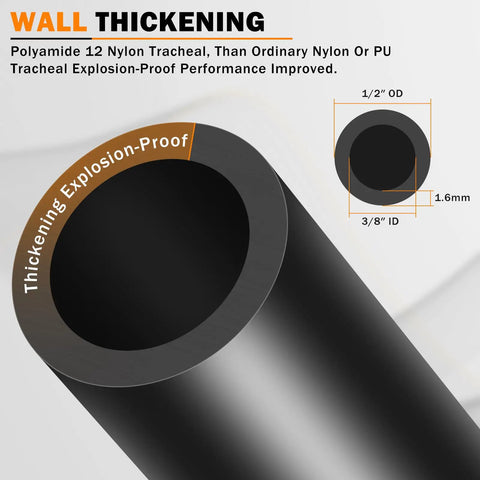 Diagram of PA12 Nylon DOT Air Line One Half Inch OD Pneumatic Tubing, 100 Feet Long, showing wall thickening and dimensions.