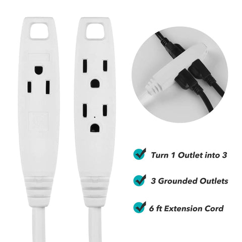 6 Ft 3-Outlet Heavy Duty Flat Plug Extension Cord 14-3 SJT White Grounded Ideal For Home Office Tools Appliances And Lighting Decor