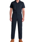 Heavy Duty Short Sleeve Coveralls For Men Work Jumpsuit Navy Cotton Polyester Blend Featuring Massive Storage Pockets Built Like A Rock Solid Workhorse For The Daily Grind, front view on model.
