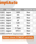 Fitment chart for Jaguar and Land Rover vehicles showing rear axle applicability for various models and years. Please check fitment.