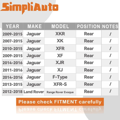 Fitment chart for Jaguar and Land Rover vehicles showing rear axle applicability for various models and years. Please check fitment.