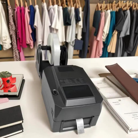 Heavy Duty Thermal Transfer Label Printer With Smooth 200 DPI Output And Zero Sweat Quiet Hustle Plug And Play Usb Lan Serial Port Setup For Wash Care Tags Jewelry Barcode Shipping Roll, viewed on a workstation.