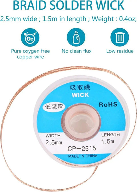 No Clean Solder Braided Wick For Desoldering Copper Wire Roll 1.5 Meters, 2.5mm Width with spool, fast heat transfer