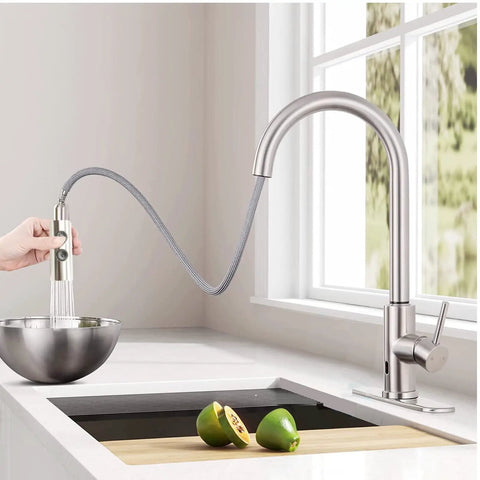 Two Function Kitchen Sink Faucet Sprayer Head With ABS Plastic Brushed Finish G 1/2 Male Connector in use with bowl