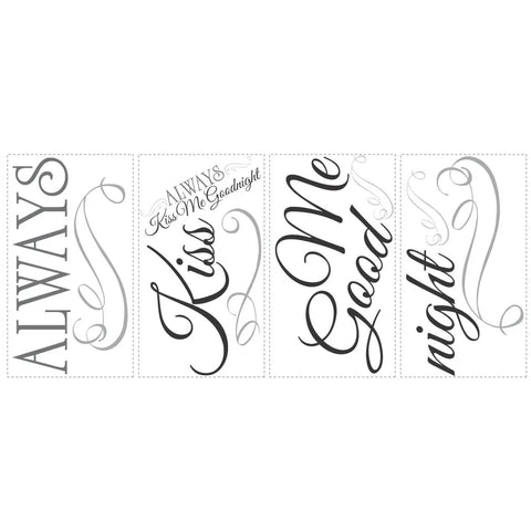 "Always Kiss Me Goodnight Black Quote Peel And Stick Wall Decal Vinyl Easy Apply Repositionable No Residue for Bedroom Living Room Dorm Made In USA Decor" displayed in sections with flourish designs.