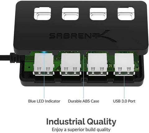 Four Port Powered USB 3.0 Hub With Individual LED Power Switches For Independent On Off Control Supports Up To 5Gbps High Speed Data Transfer Plug And Play Easy Expansion For Desktops Laptops And Notebooks, black ABS case