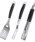 HAUSHOF stainless steel barbecue utensil set with black ergonomic handles: spatula, fork, and tongs (3 pieces)