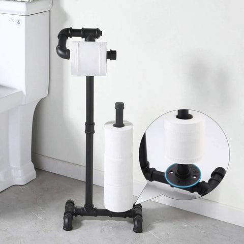 Rustic Farmhouse Toilet Paper Holder Stand With Reserve, Industrial Pipe Style Black Bathroom Storage for Jumbo Rolls