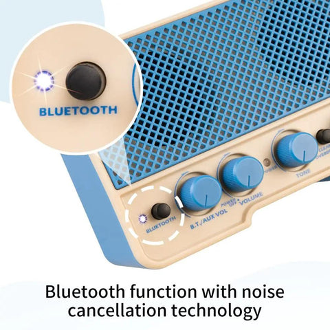 Close-up of Tiny But Mighty 5W Mini Guitar Amp With Bluetooth 5.0 Blue Edition showing Bluetooth button and control knobs.