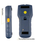 Electronic Finder Handheld Wall Scanner for Wood Metal Studs Detection with LED Alarm Detector showing test button and removable battery.