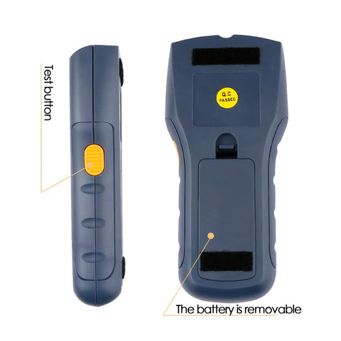 Electronic Finder Handheld Wall Scanner for Wood Metal Studs Detection with LED Alarm Detector showing test button and removable battery.