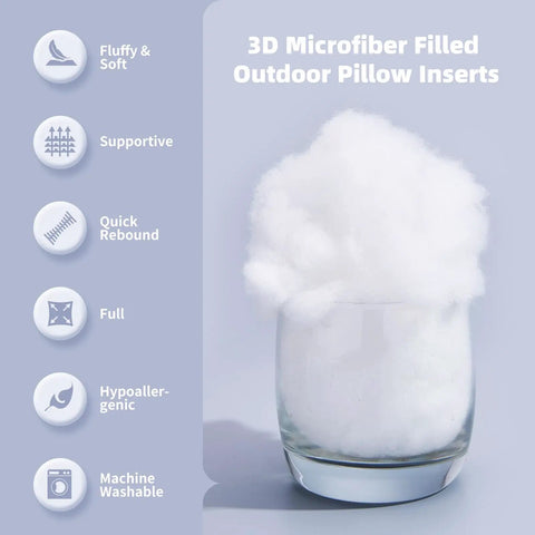 3D microfiber filled outdoor pillow inserts features like fluffy, supportive, quick rebound, hypoallergenic, and washable.