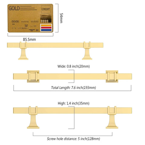 Diagram showing Brushed Gold Cabinet Pulls Set Of 10 5 Inch Drawer Handles With 128mm Hole Center Kitchen Cabinet Hardware dimensions