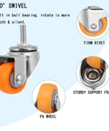 Heavy Duty Swivel Casters With Threaded Stem Mounts And Reinforced Brackets. Nylon Wheels On Ball Bearings Roll Like Grease. Close-up of swivel caster featuring orange nylon wheel and threaded stem.