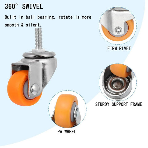 Heavy Duty Swivel Casters With Threaded Stem Mounts And Reinforced Brackets. Nylon Wheels On Ball Bearings Roll Like Grease. Close-up of swivel caster featuring orange nylon wheel and threaded stem.