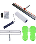 Pro Grade Epoxy Floor Roller Kit With Dual Roller Brushes Self Leveling Rake And Spike Shoes For Fast Bubble Free Concrete Finishing And Ultra Smooth Durable Self Level Surfaces shown with tools and accessories
