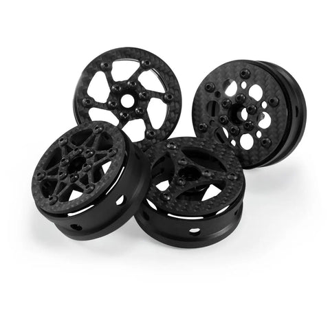 Crush The Trails With These Sick 1.9 Carbon Fiber Beadlock Wheels For RC Crawler Cars Featuring CNC Aluminum Hubs Quick Tire Swaps And Black Finish SCX10 TRX4 Gmade - multiple angles showcasing carbon fiber beadlock wheels.