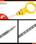 Close-up of 3.8L V6 engine oil dipstick, stainless steel rod with yellow plastic handle, compatible with Chevrolet Buick Oldsmobile Pontiac models.