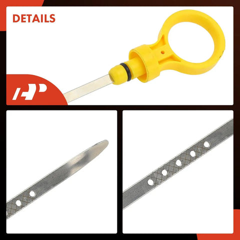 Close-up of 3.8L V6 engine oil dipstick, stainless steel rod with yellow plastic handle, compatible with Chevrolet Buick Oldsmobile Pontiac models.