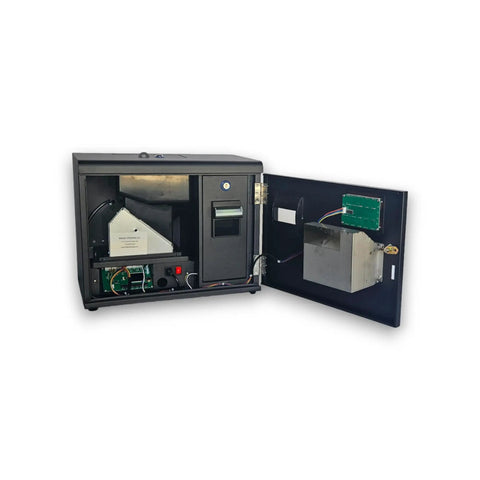 Open view of Dollar Bill To Coin Change Machine Black For Laundromats, Arcades And Vending Spots with front door access.