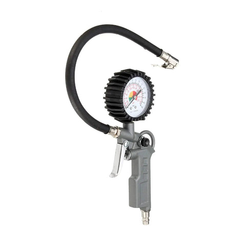 Tire inflator with pressure gauge and hose from Badass Five Piece Pneumatic Air Tool Kit for auto repair and vehicle detailing.