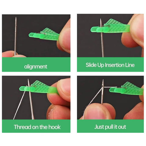 10 Pcs Fish Mouth Sewing Machine Needle Threader Set Upgraded 2024 Automatic Needle Threader Tool demonstrating threading steps