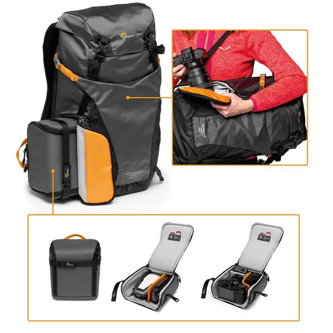 PhotoSport 24L AW III Hiking Camera Backpack with side access, gray, showing removable insert for mirrorless gear, tripod attachment.