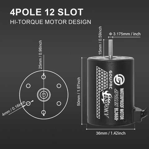 Beefed Up S3650 4300KV Brushless Motor 3.175mm Shaft with design specs for 1/10 RC car or truck