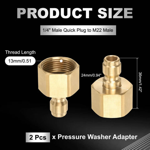 2 Pack Pressure Washer Adapter 1/4 Inch Male Quick Plug M22 Female Quick Connect Brass Swivel Fittings for Power Washers Hose, Go To Heavy Duty Brass Connector, Corrosion Resistant. Brass adapter set with size measurements