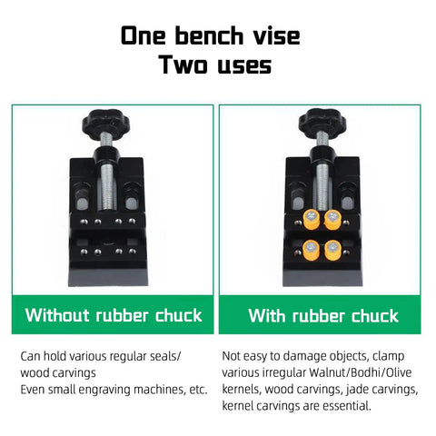 Dual-use bench vise with options for rubber chuck for wood carvings, seals, and engraving machines, showing both configurations.