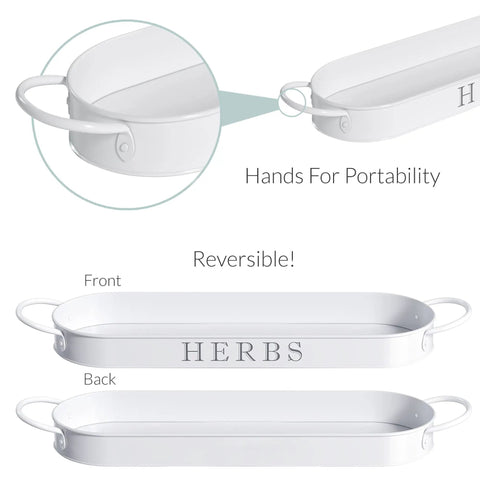 White metal tray for Indoor Herb Garden Planter Set With Tray For Windowsill And Countertop, showing front and back views.