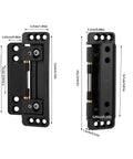 Black zinc alloy hidden door hinges with covers, 0.86 in thin, for secret doors. Heavy-duty, seamless design, front and side view.