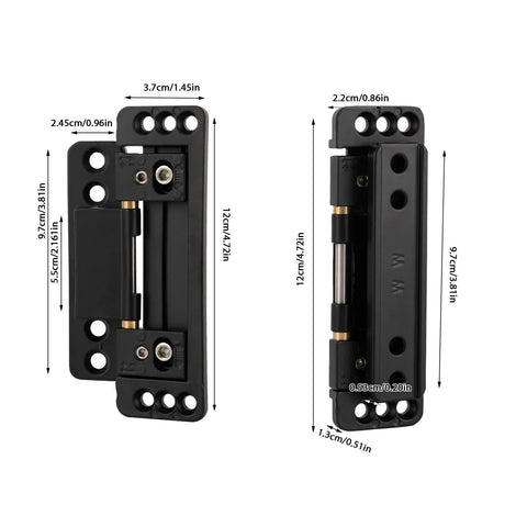 Black zinc alloy hidden door hinges with covers, 0.86 in thin, for secret doors. Heavy-duty, seamless design, front and side view.