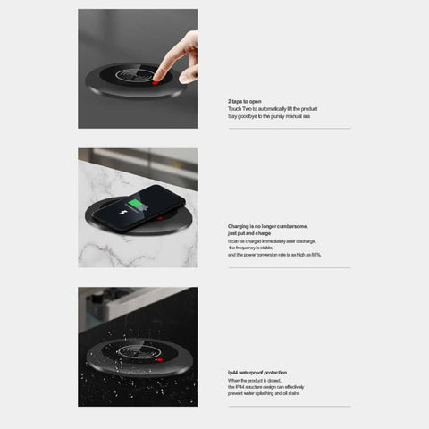 Slick Pop Up Power Strip With Built In Wireless Charging And Touch Controls That Lifts Smoothly From Desktop Or Kitchen Counter For A Hassle Free Clean Workspace Game Changer showing touch controls and wireless charging.