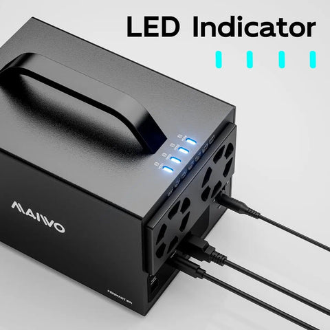 Rock Solid 4 Bay SATA Hard Drive RAID Enclosure with USB 3.1 Type C port and LED indicator for monitoring status.