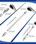 Three Eighths Inch Drive Socket Set Forty Seven Piece With Quick Release Ratchet For Auto Repairs And Home Projects Includes SAE And Metric Sockets Chrome Vanadium Build Built For The Garage And Everyday Grinds showing 3/8 inch universal jointer, extension bars, and ratchet details.