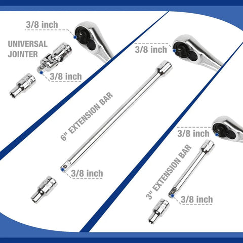Three Eighths Inch Drive Socket Set Forty Seven Piece With Quick Release Ratchet For Auto Repairs And Home Projects Includes SAE And Metric Sockets Chrome Vanadium Build Built For The Garage And Everyday Grinds showing 3/8 inch universal jointer, extension bars, and ratchet details.