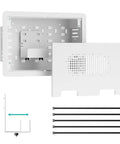 9 Inch In Wall Media Box Recessed Cable Management Kit For TV Wire Organization And AV Component Storage showing interior layout and accessories.