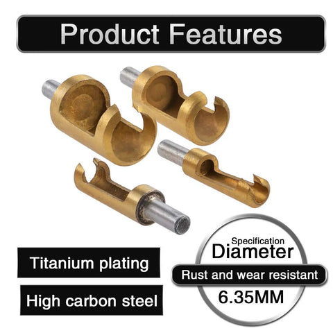 Pro Grade Titanium Plated Wood Plug Cutter Drill Bit Set with straight and tapered heads, 6.35MM size, titanium and carbon steel construction.