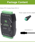 Package content showing Industrial 8 Channel Analog Output Module With 12 Bit DAC and accessories.