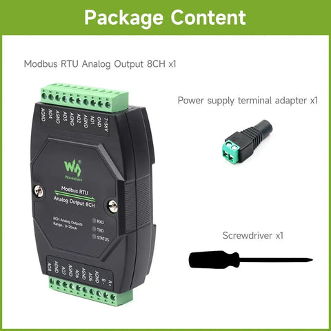 Package content showing Industrial 8 Channel Analog Output Module With 12 Bit DAC and accessories.