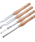 Four Piece Carbide Tipped Wood Turning Lathe Chisel Set With Straight Cutting And Curved Hollowing Blades Featuring Tough Alloy Shafts And Beech Handles, showcasing wood turning tools on a white background.