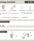 Extra Long White Curtain Rod for Windows 72 to 144 Inches Heavy Duty Adjustable Curtain Pole with Antique Rustic Vintage Industrial Finials Built to Last Farmhouse Vibe for Bedroom Living Room Cafe and Kitchen; package contents and assembly details shown.