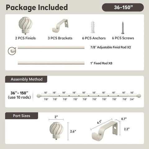 Extra Long White Curtain Rod for Windows 72 to 144 Inches Heavy Duty Adjustable Curtain Pole with Antique Rustic Vintage Industrial Finials Built to Last Farmhouse Vibe for Bedroom Living Room Cafe and Kitchen; package contents and assembly details shown.