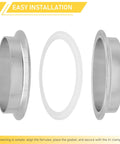 Two 4-inch stainless steel tri-clamp ferrules with white gasket