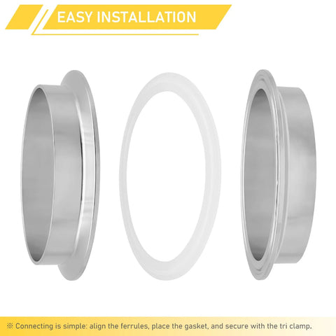 Two 4-inch stainless steel tri-clamp ferrules with white gasket