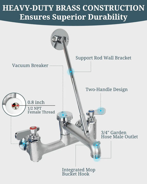 Commercial Mop Sink Faucet With Vacuum Breaker, Wall Mount Utility Sink Faucet, 8 Inch Adjustable Center, Built Tough Brass Diagram